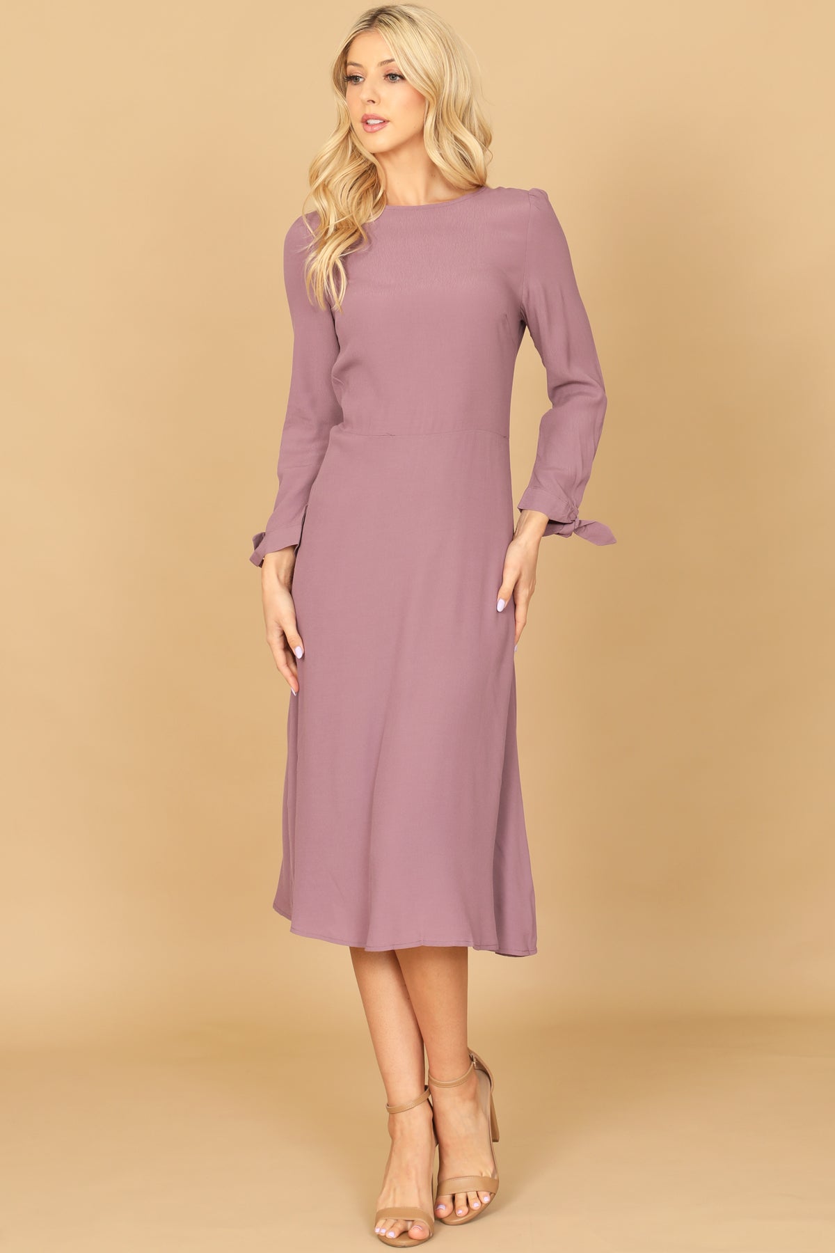 Long Sleeve Tie Cuff A-Line Midi Dress