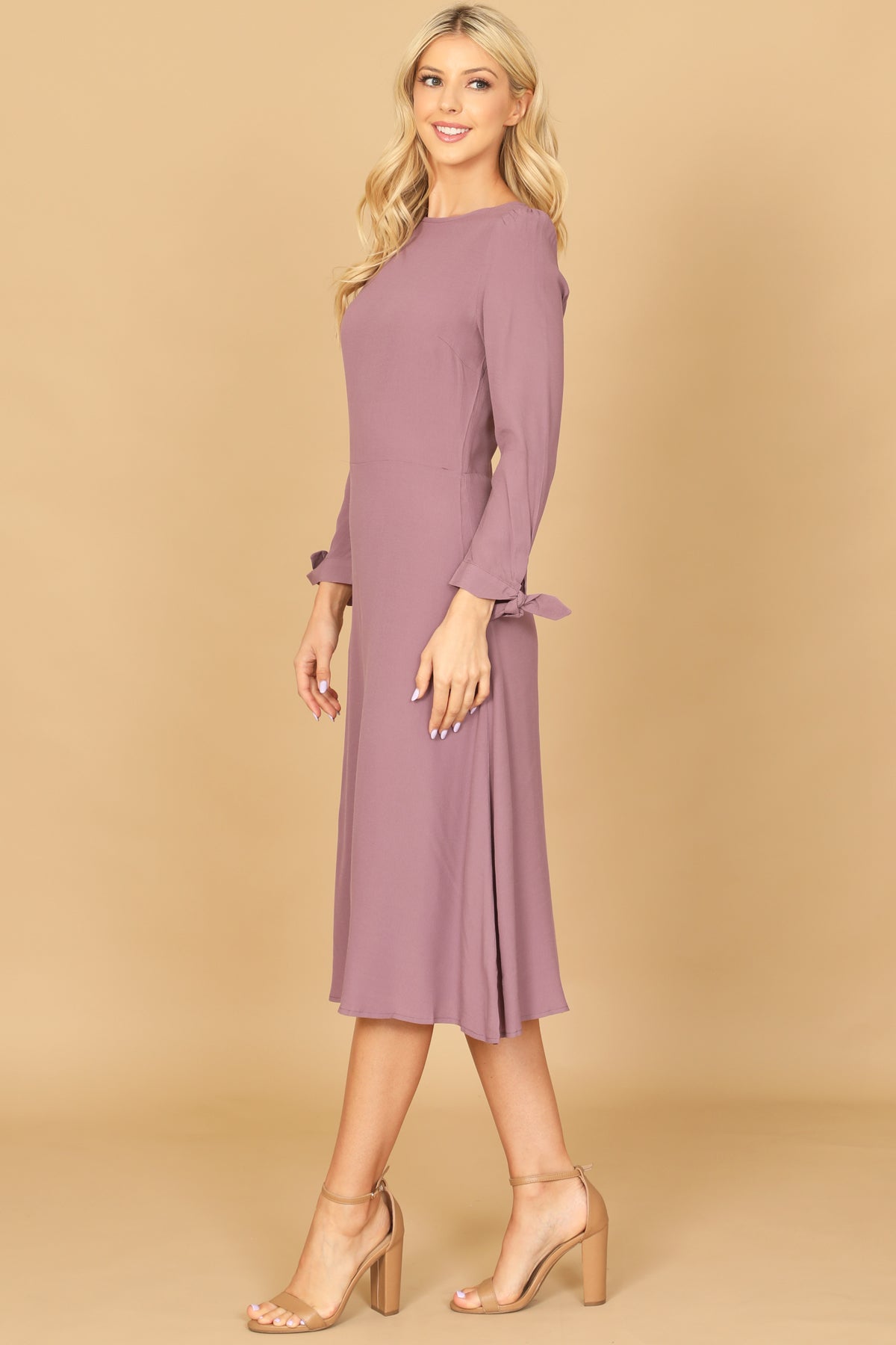 Long Sleeve Tie Cuff A-Line Midi Dress