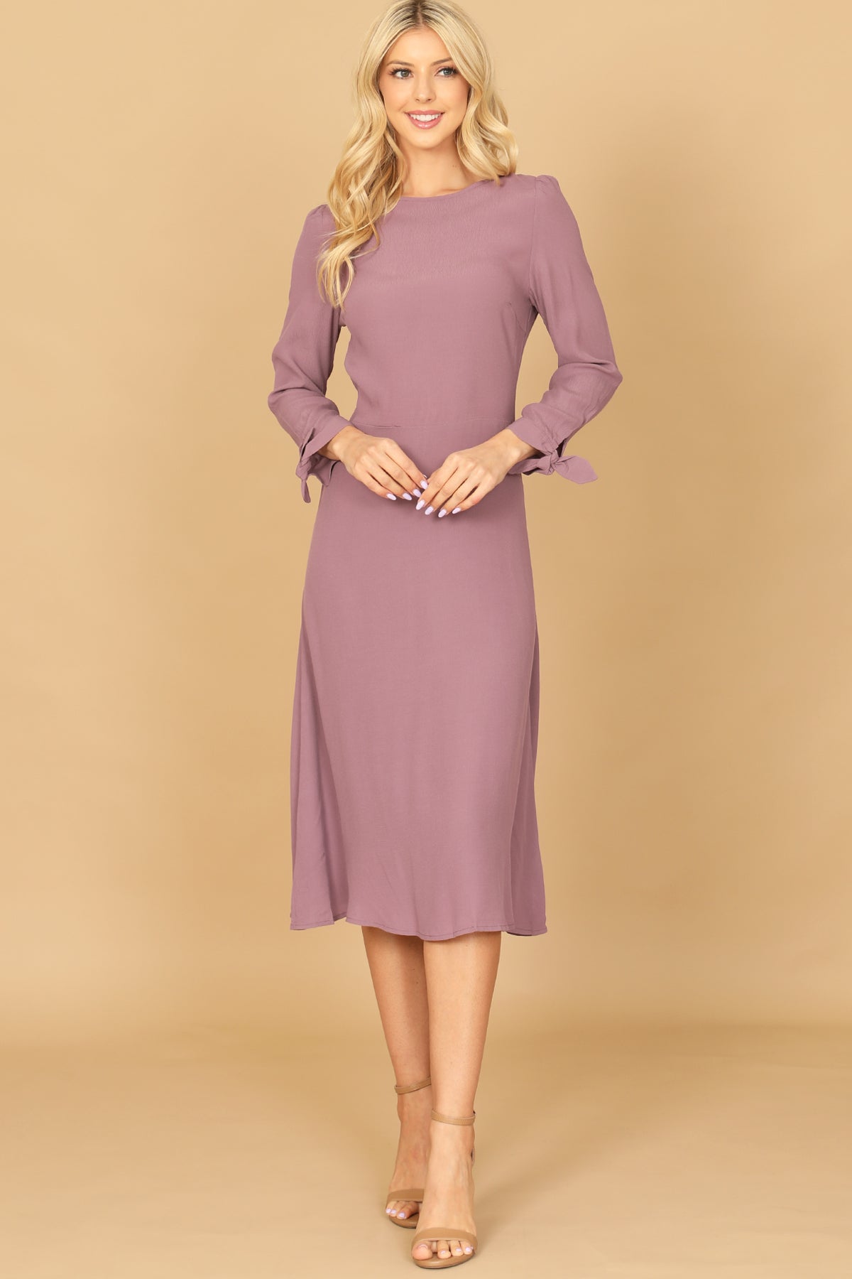Long Sleeve Tie Cuff A-Line Midi Dress