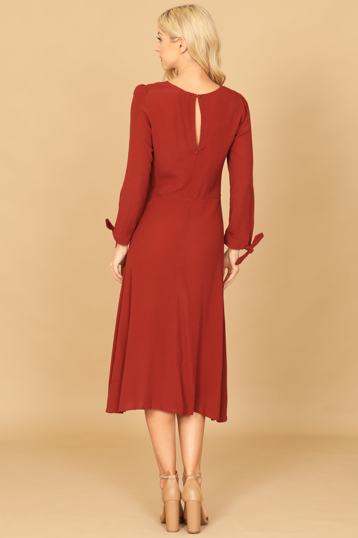 Long Sleeve Tie Cuff A-Line Midi Dress