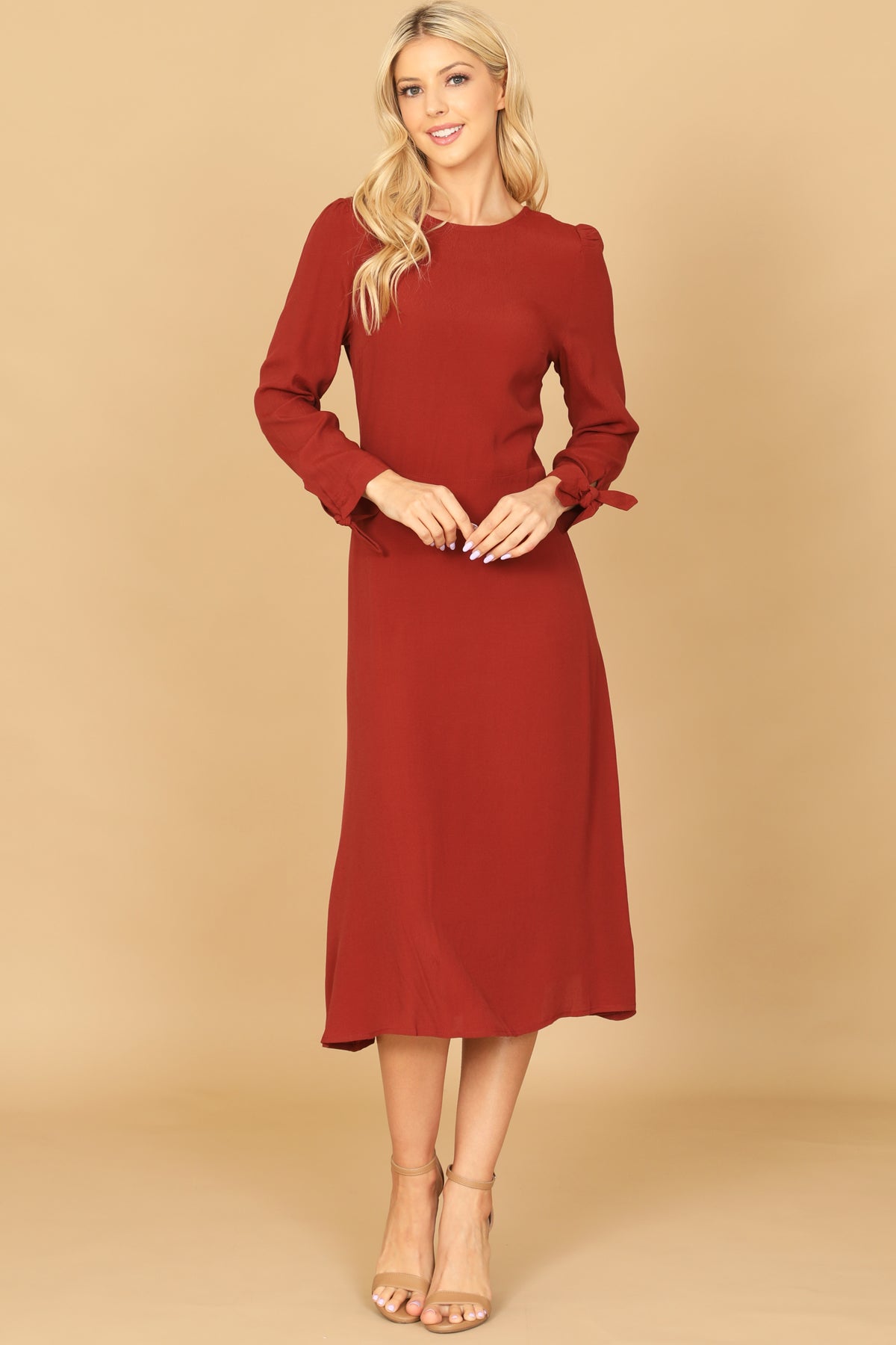 Long Sleeve Tie Cuff A-Line Midi Dress
