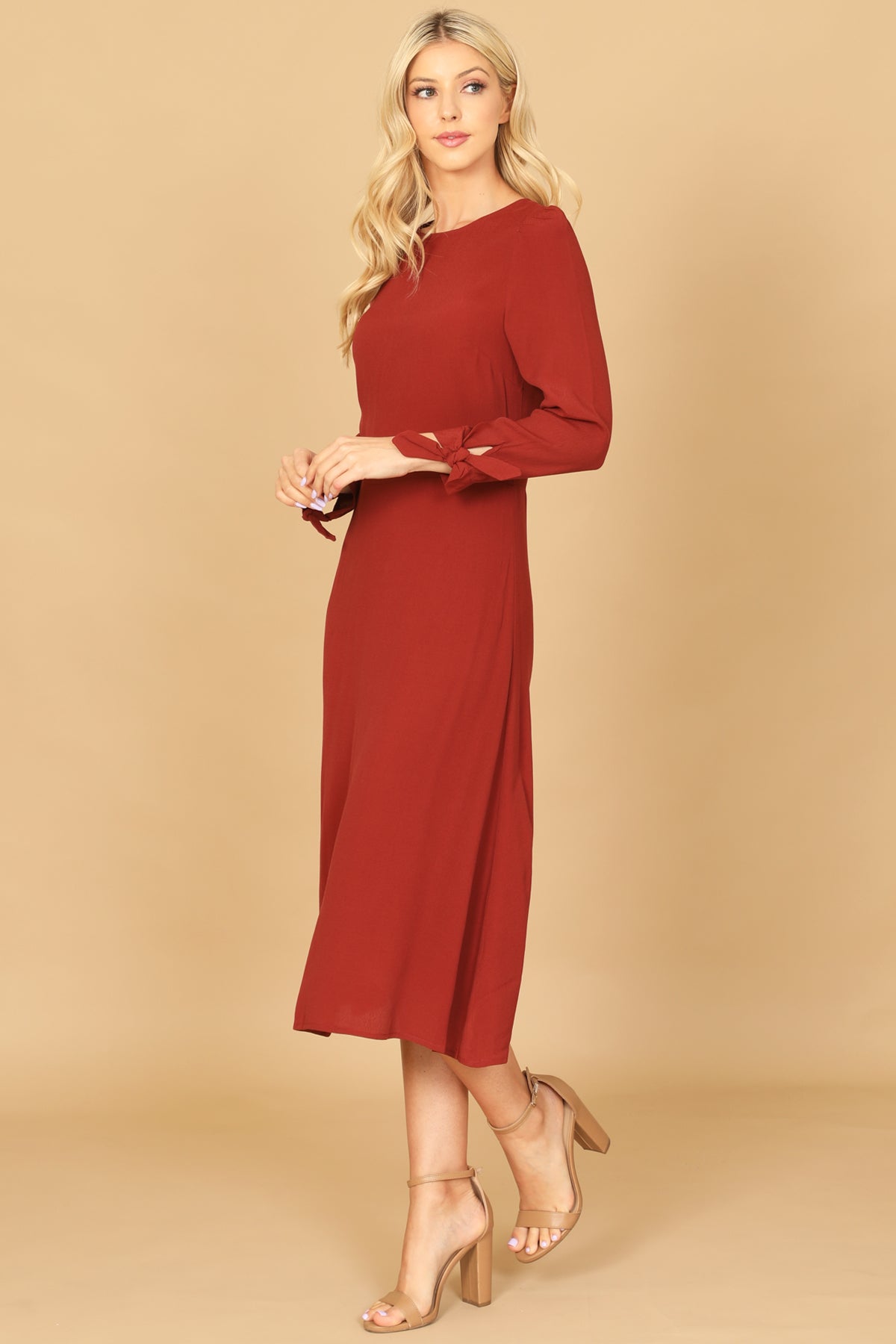 Long Sleeve Tie Cuff A-Line Midi Dress