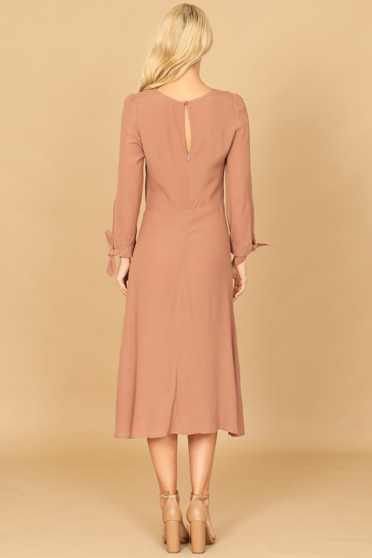 Long Sleeve Tie Cuff A-Line Midi Dress
