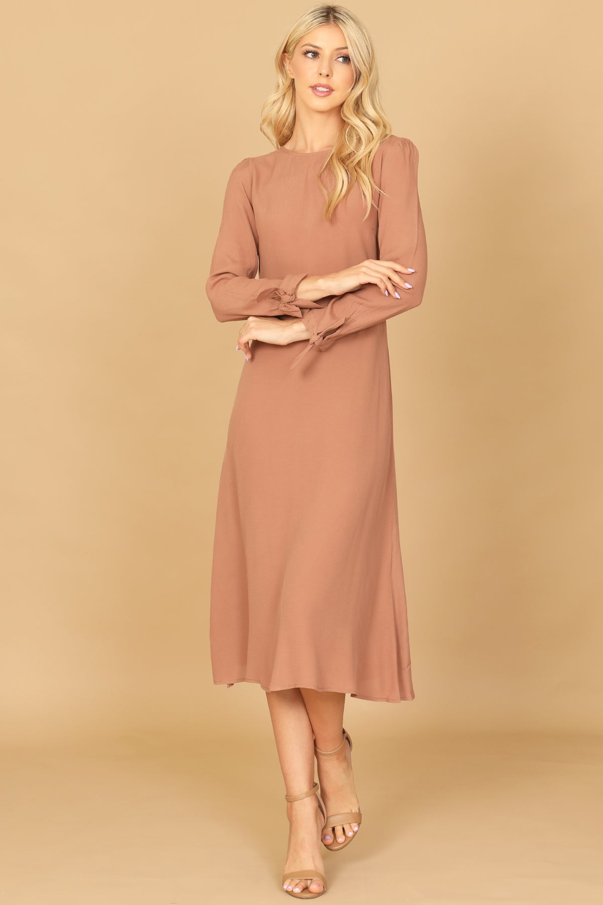 Long Sleeve Tie Cuff A-Line Midi Dress