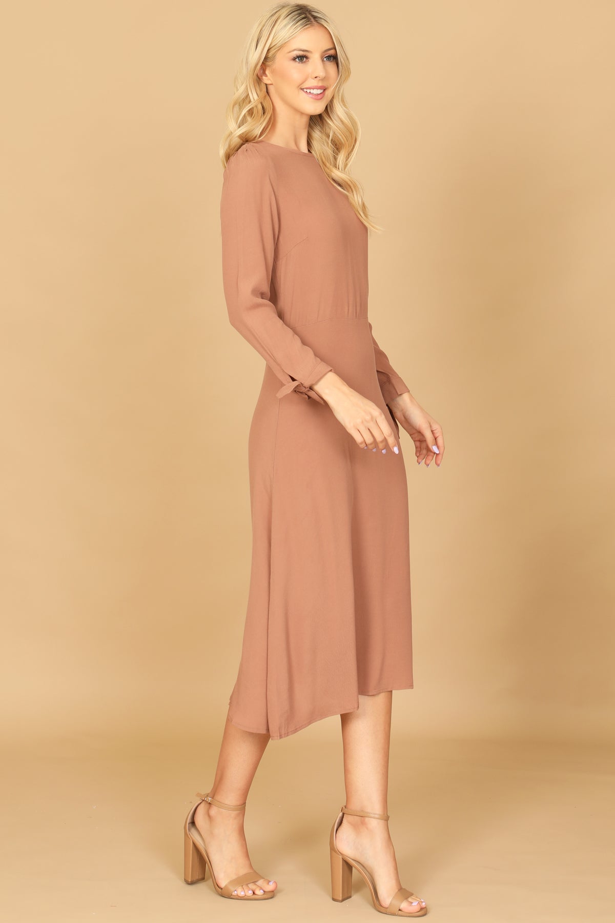Long Sleeve Tie Cuff A-Line Midi Dress