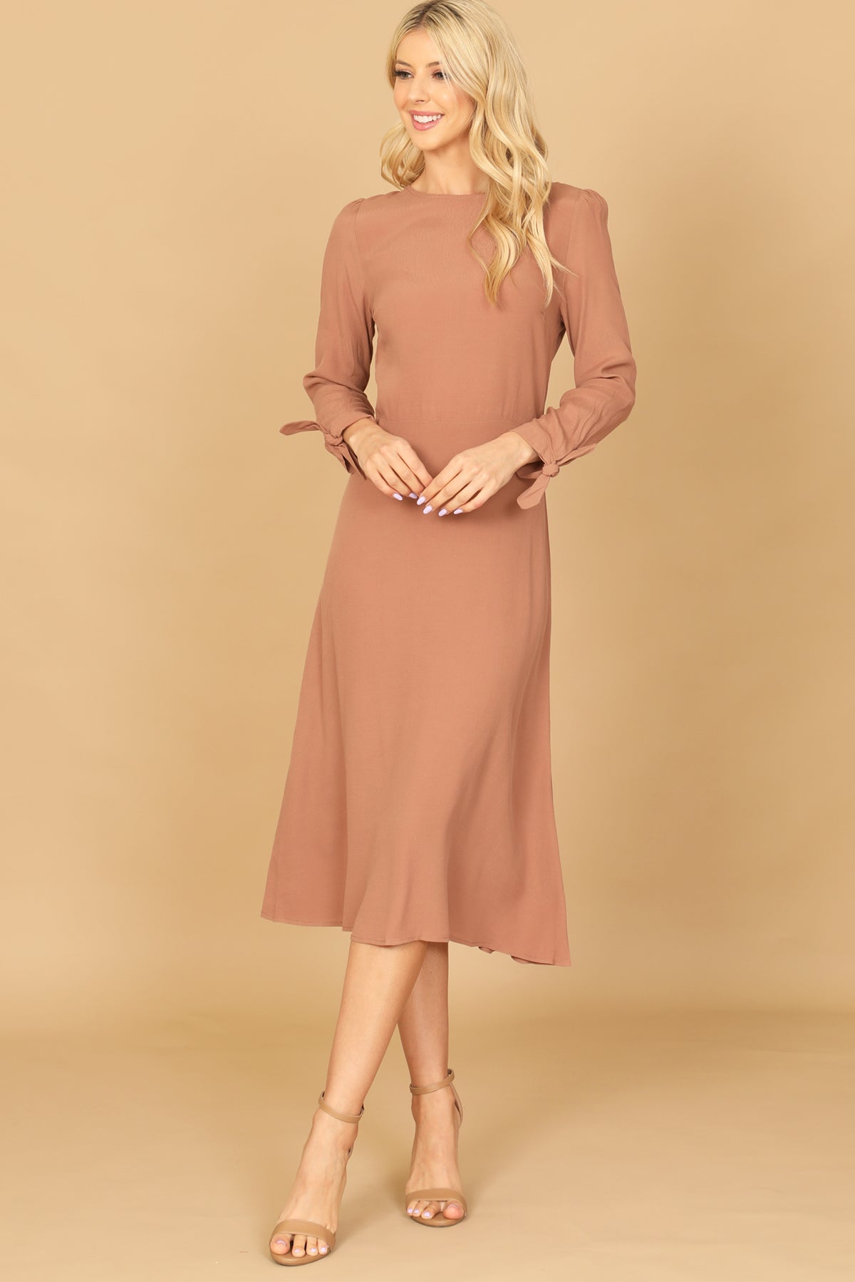 Long Sleeve Tie Cuff A-Line Midi Dress