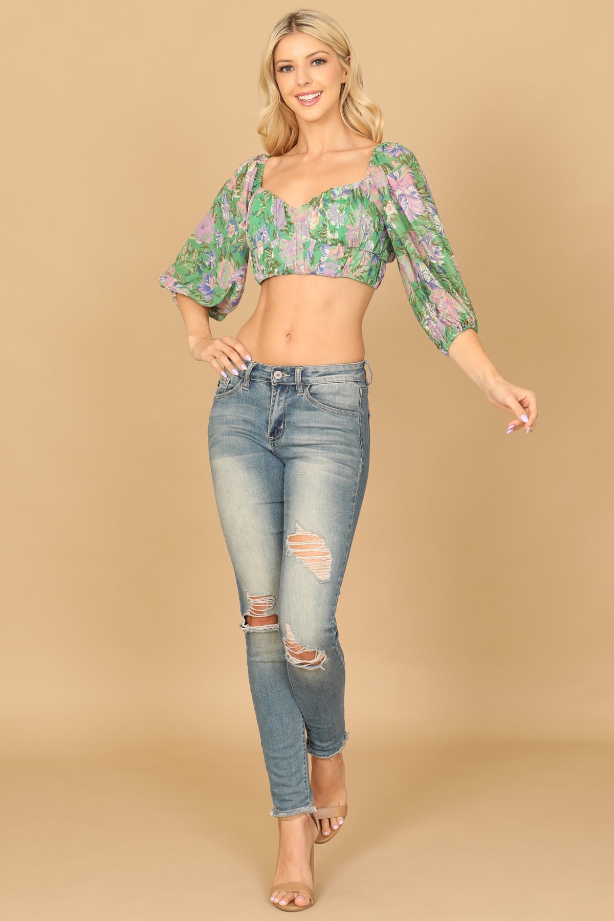 Puff Sleeve Floral Crop Top