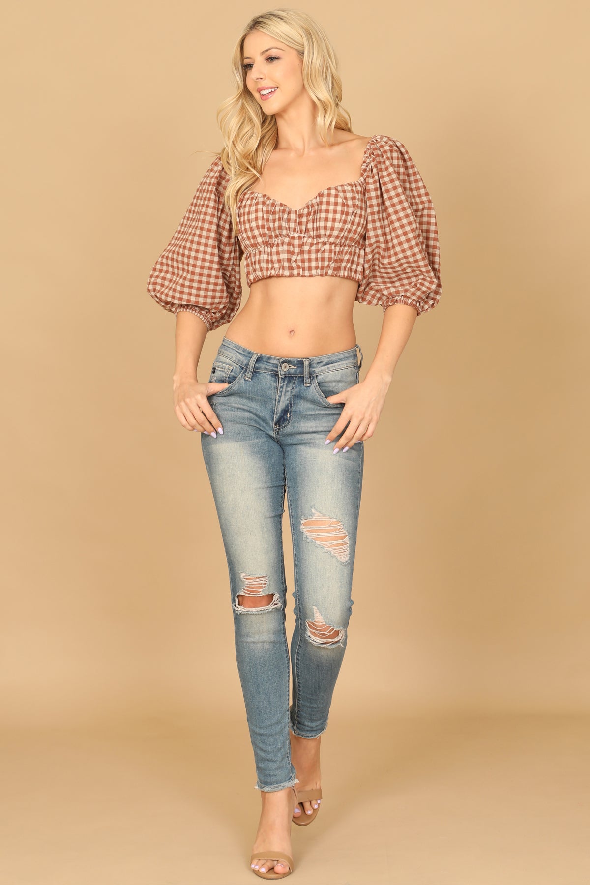 Puff Sleeve Plaid Crop Top