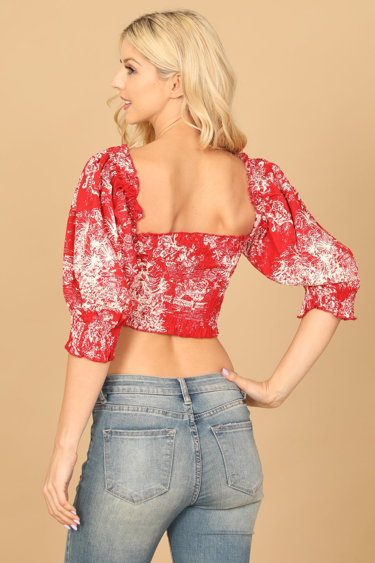 Puff Sleeve Smocked Printed Crop Top