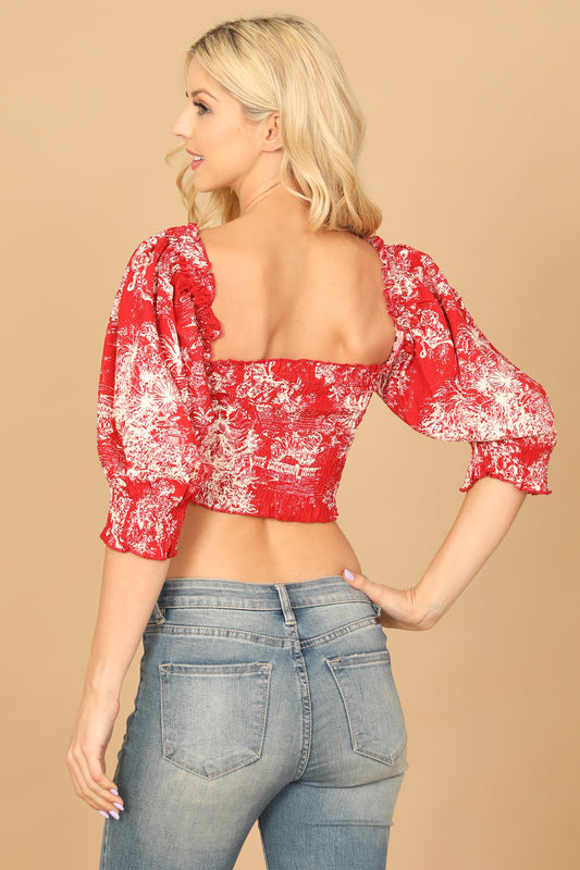 Puff Sleeve Smocked Printed Crop Top
