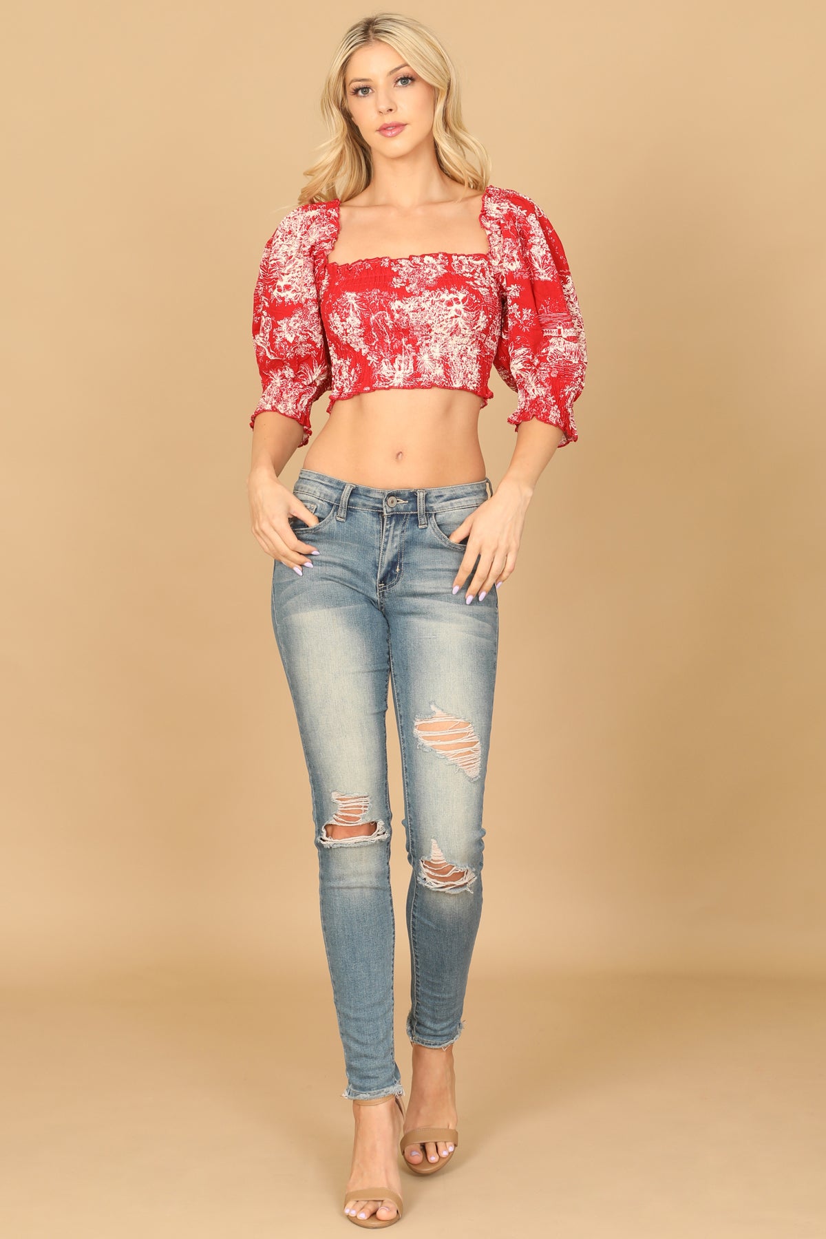 Puff Sleeve Smocked Printed Crop Top