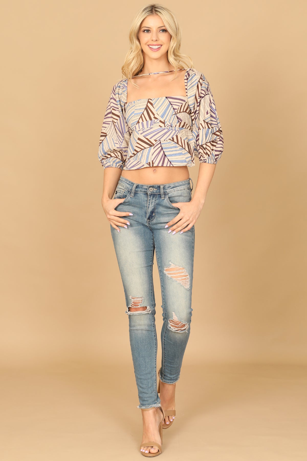 Puff Sleeve Sexy Back Printed Crop Top