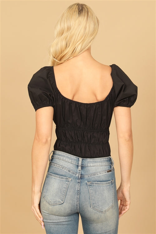 Solid Square Neck Puff Sleeve Smocked Bodysuit