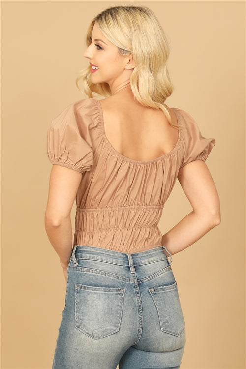 Solid Square Neck Puff Sleeve Smocked Bodysuit