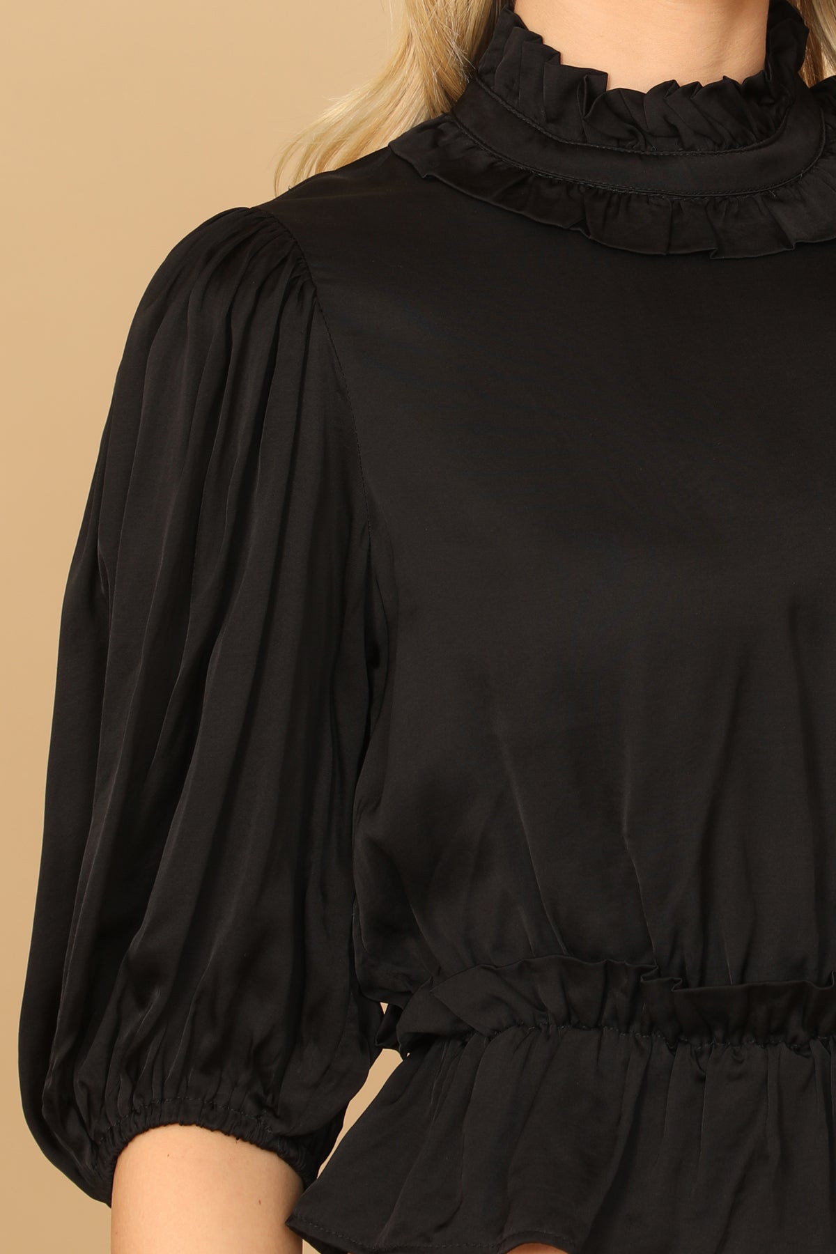 Ruffle Neck Puff Sleeve Cinch Waist Satiny Crop Top