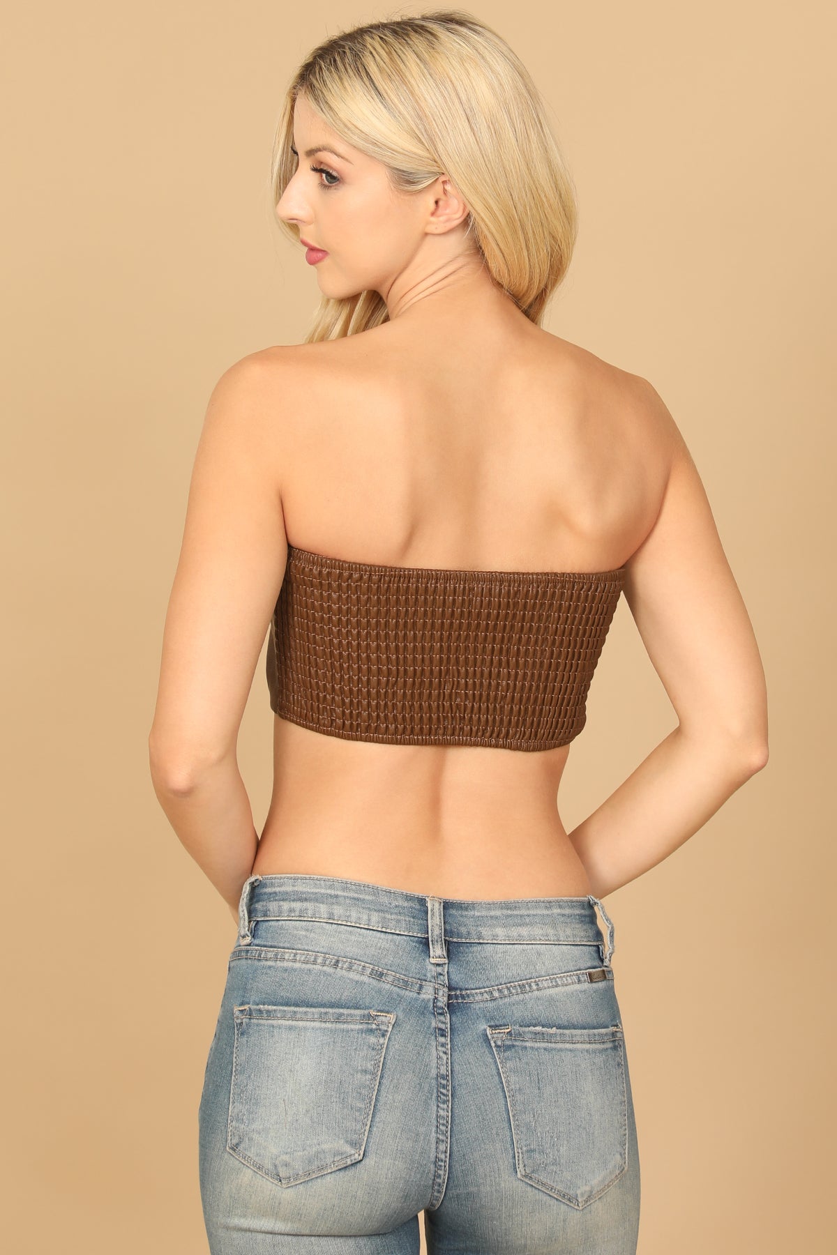 Faux Leather Ruched Strapless Crop Top