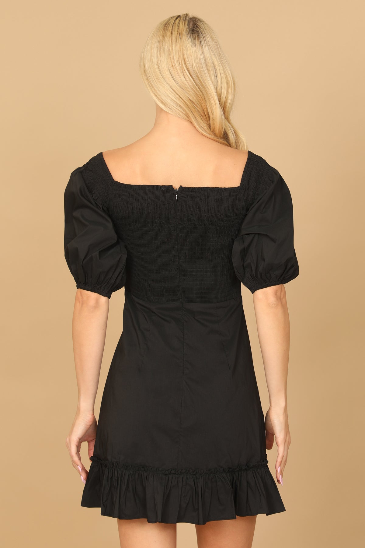 Puff Sleeve Smocked Ruffle Hem Solid Dress