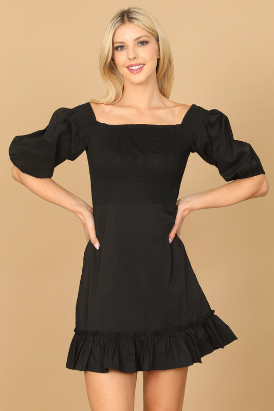 Puff Sleeve Smocked Ruffle Hem Solid Dress