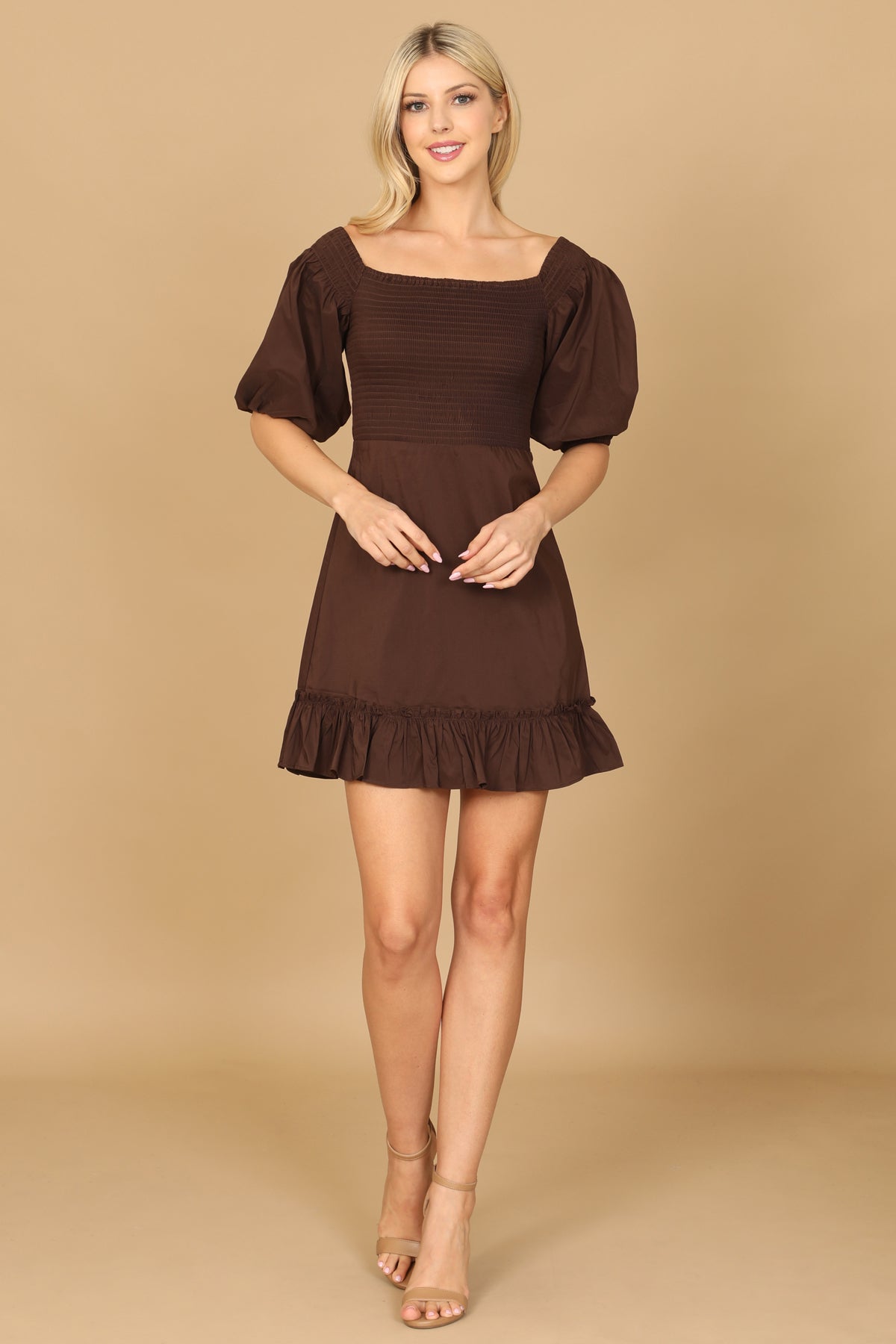 Puff Sleeve Smocked Ruffle Hem Solid Dress