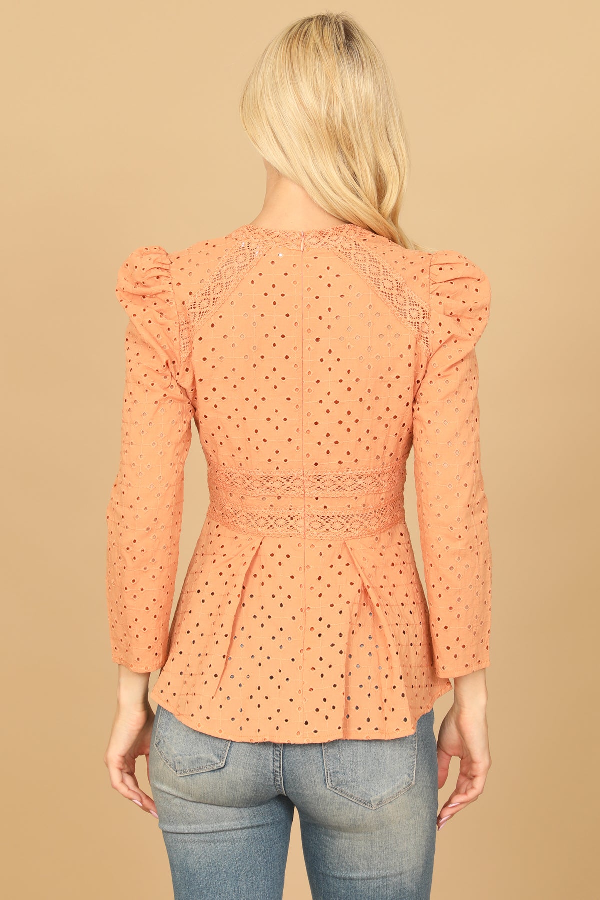 Eyelet Long Puff Sleeve Top