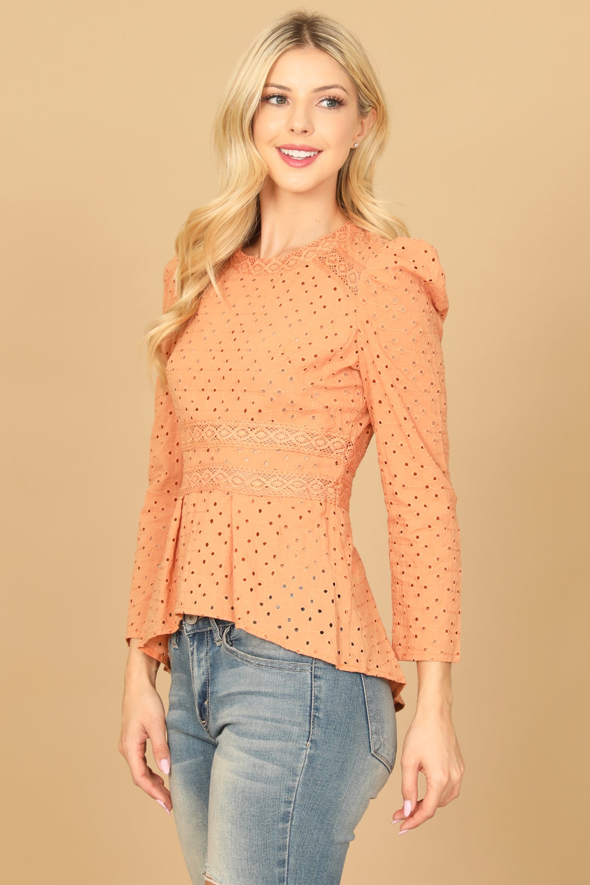 Eyelet Long Puff Sleeve Top