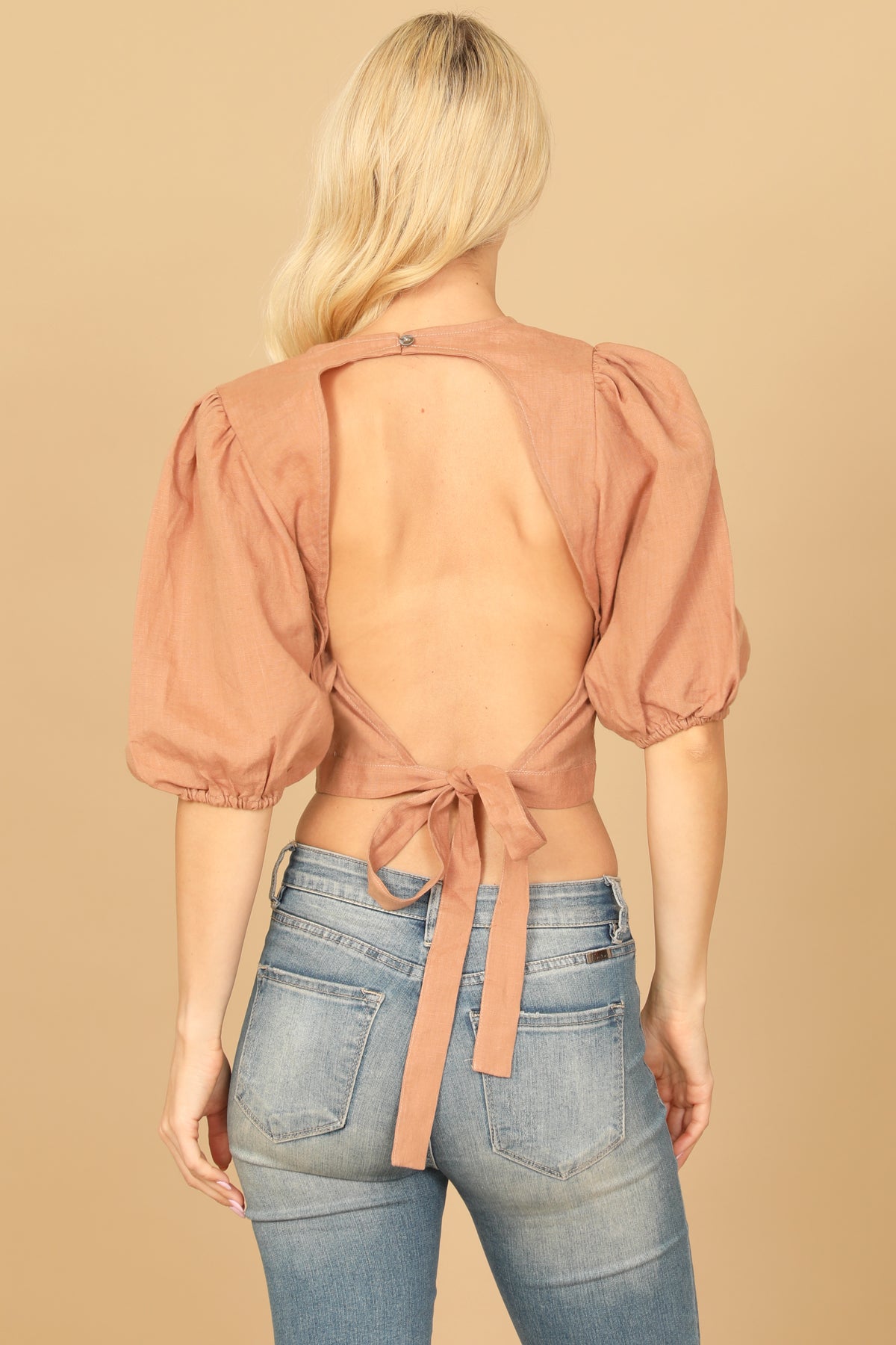 Puff Sleeves Surplice Backless Crop Top