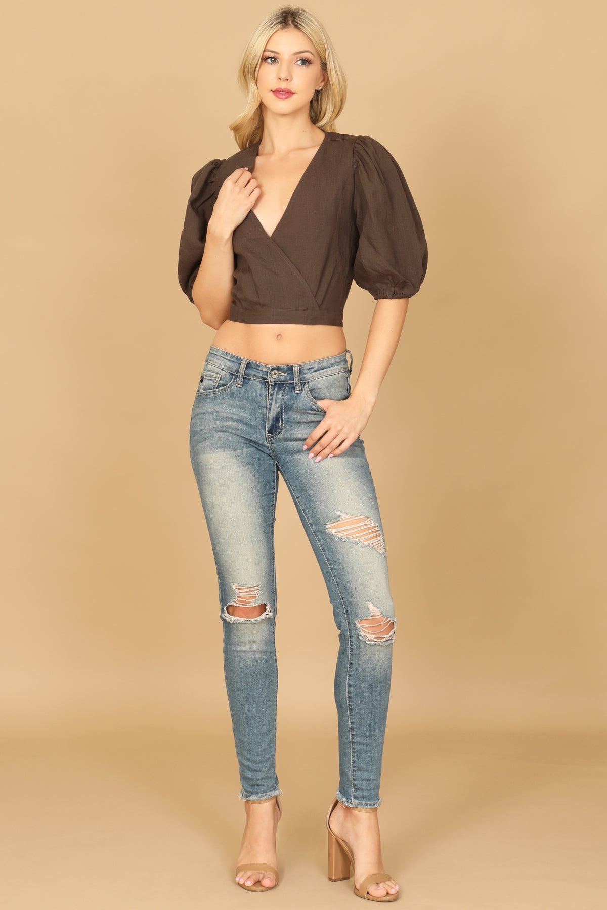 Puff Sleeves Surplice Backless Crop Top