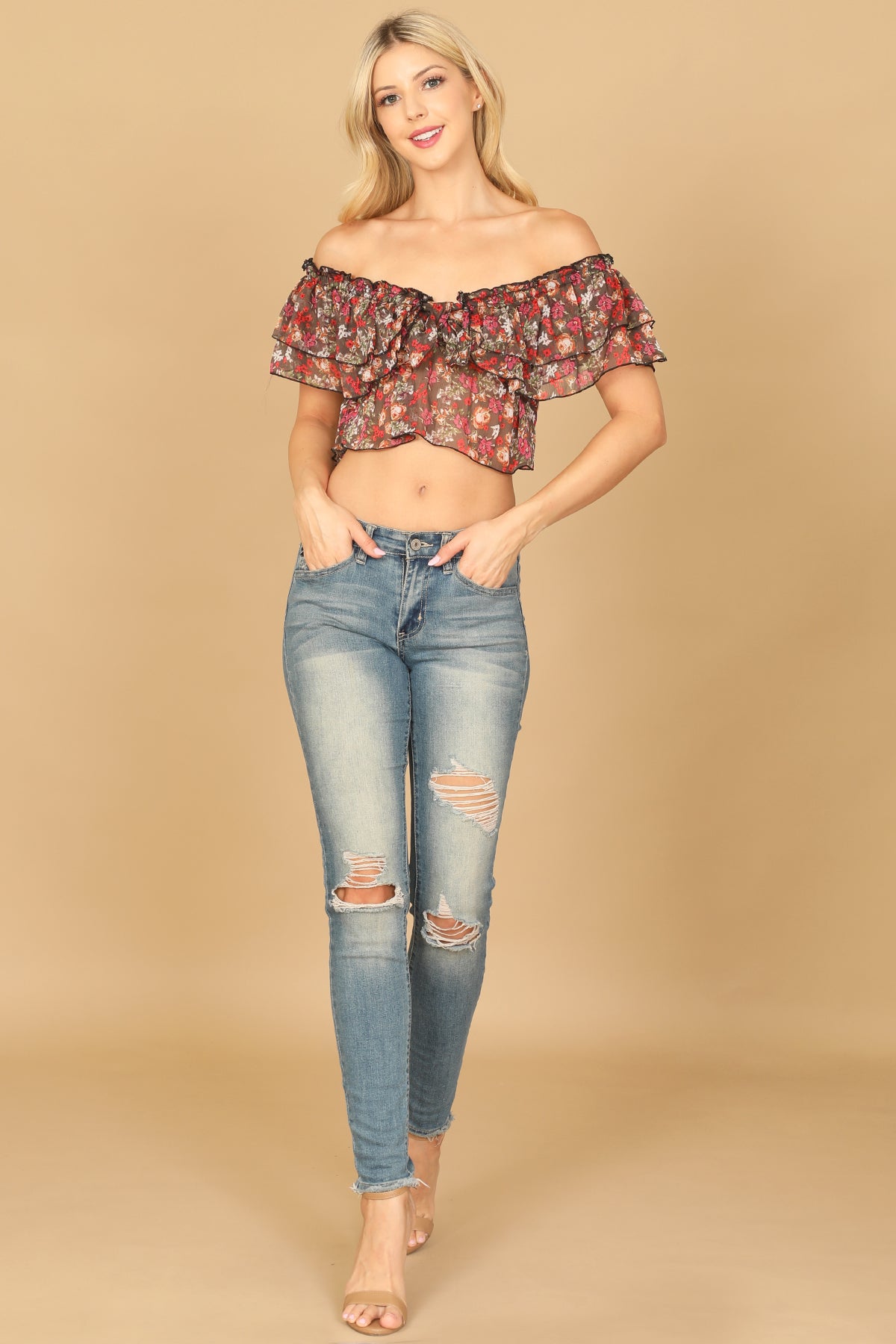 Floral Ruffle Off Shoulder Crop Top