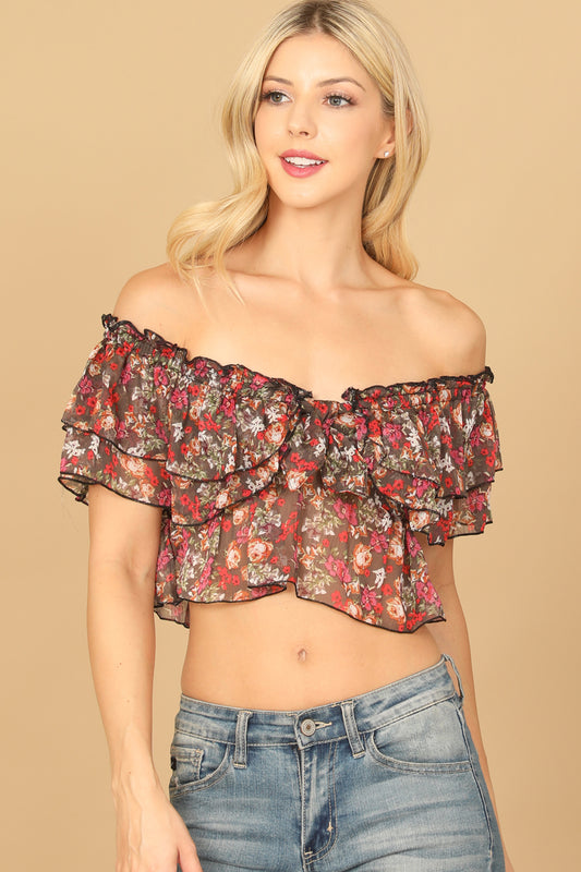 Floral Ruffle Off Shoulder Crop Top