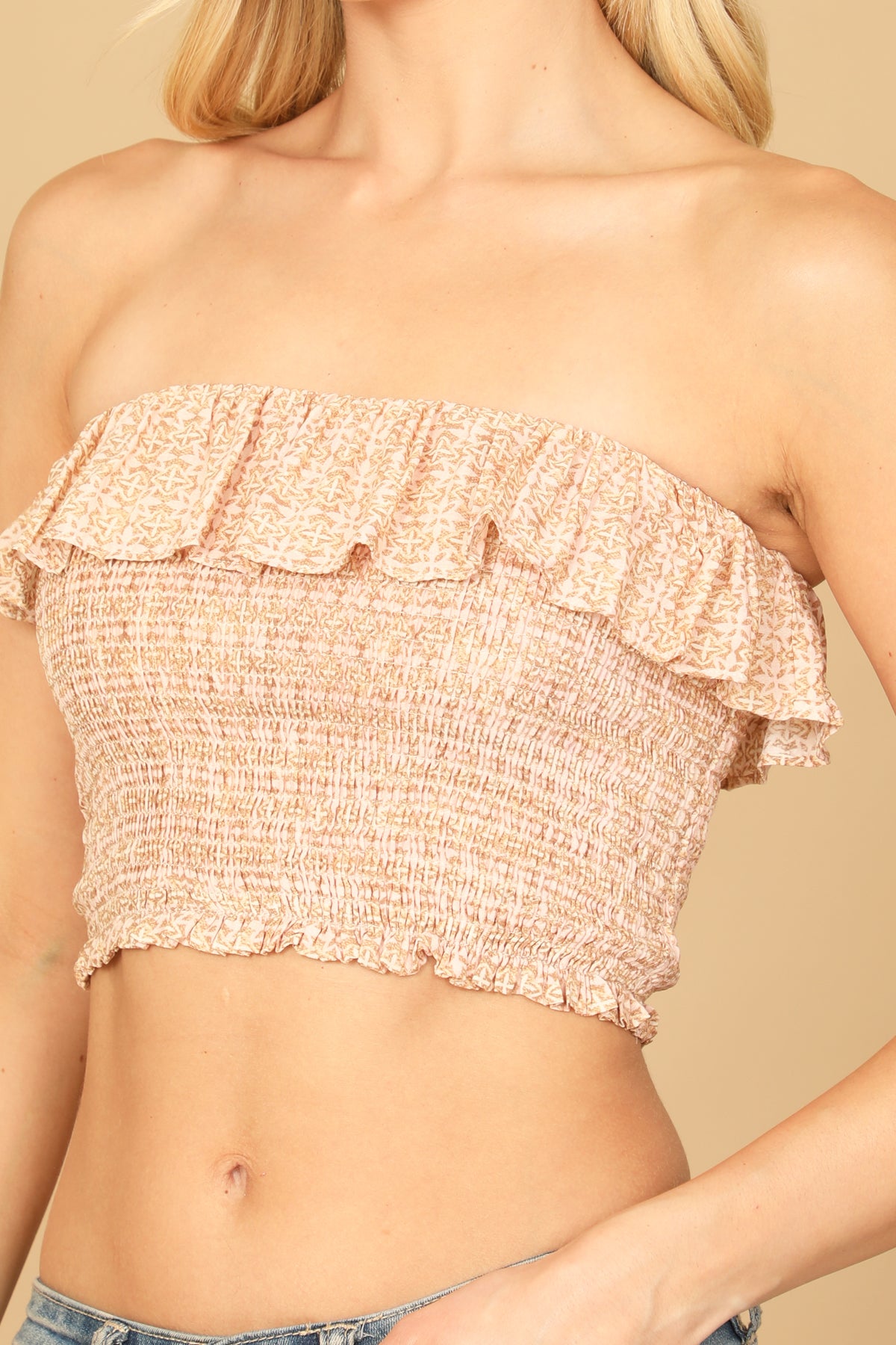 Ruffle Tube Smocked Printed Crop Top