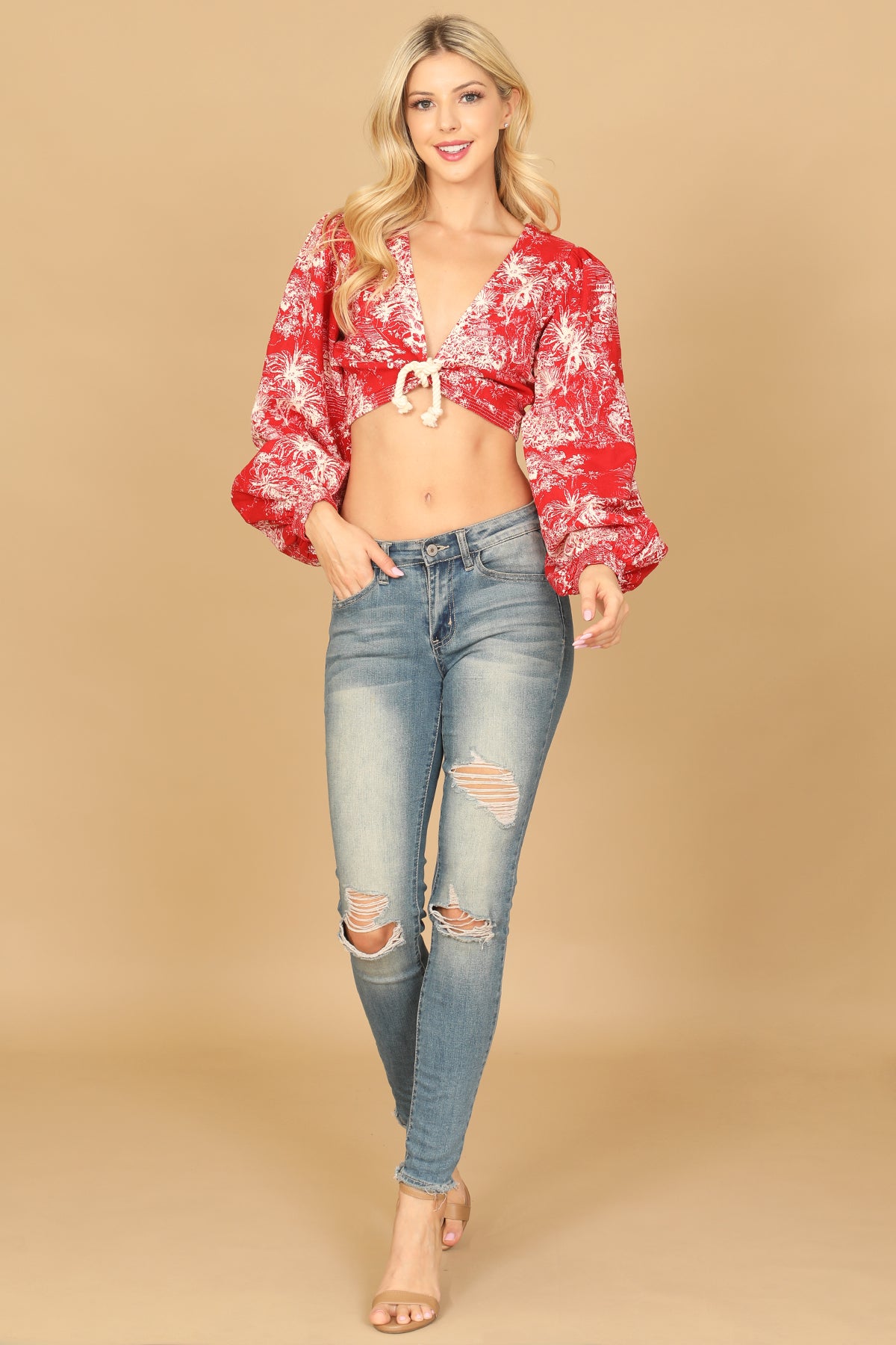 Long Puff Sleeve Tie Front Printed Top