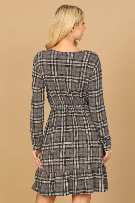 Plus Size Grey Black Long Sleeve Plaid Ruffle Hem Dress