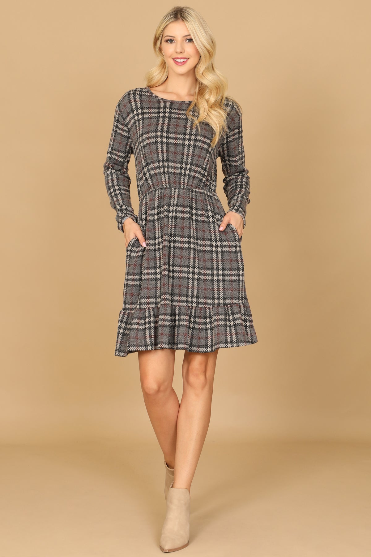 Plus Size Grey Black Long Sleeve Plaid Ruffle Hem Dress