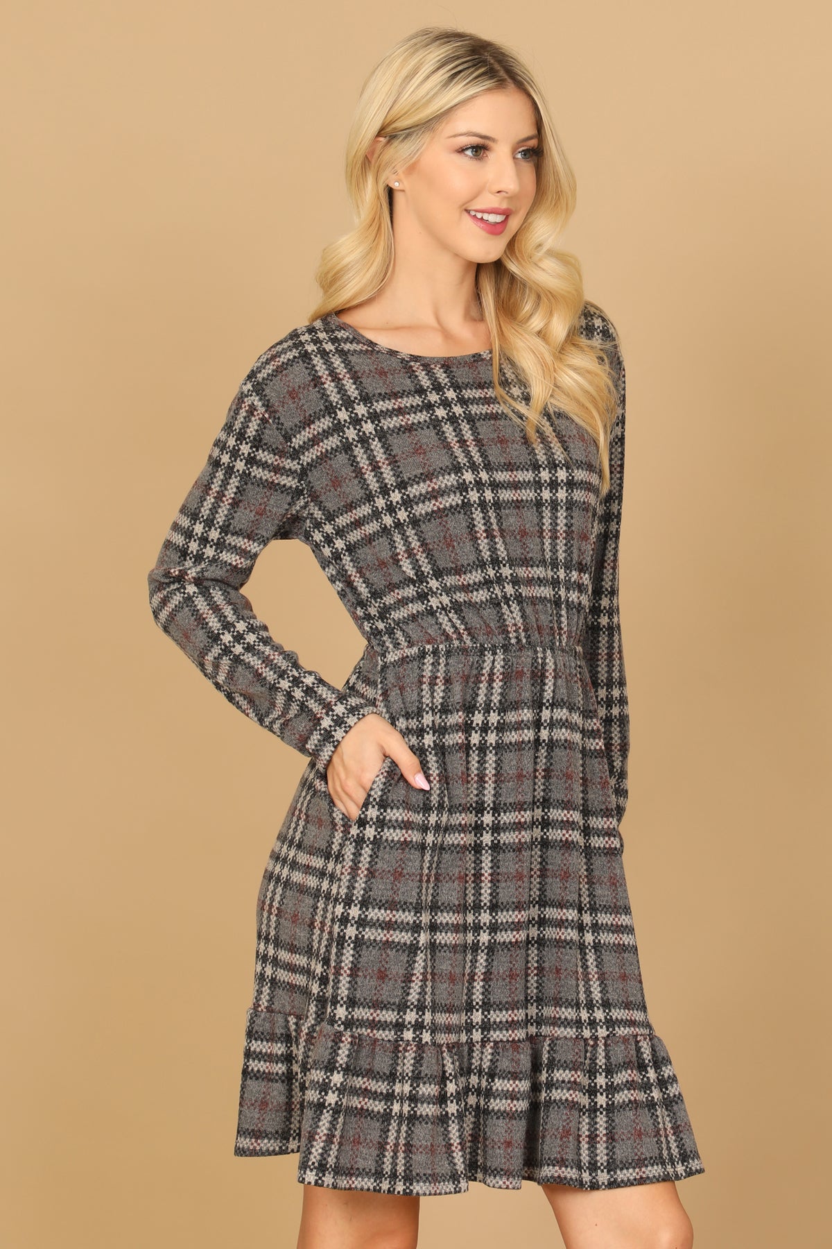 Plus Size Grey Black Long Sleeve Plaid Ruffle Hem Dress