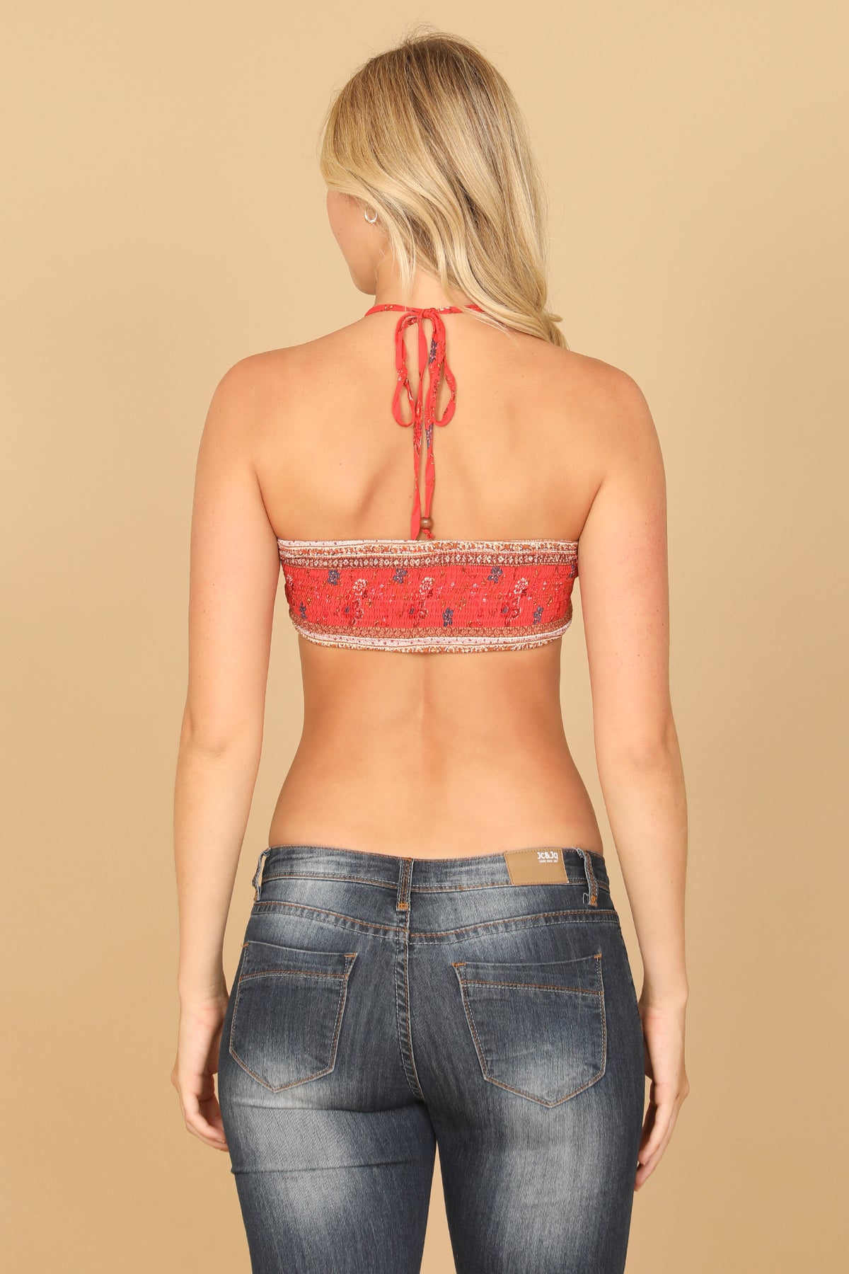 Floral Halter Tie Back Ruched Bralette Top