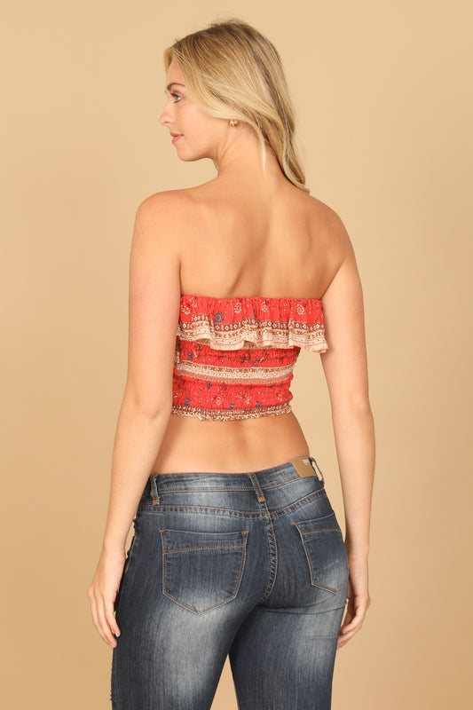 Floral Ruffle Tube Smocked Crop Top