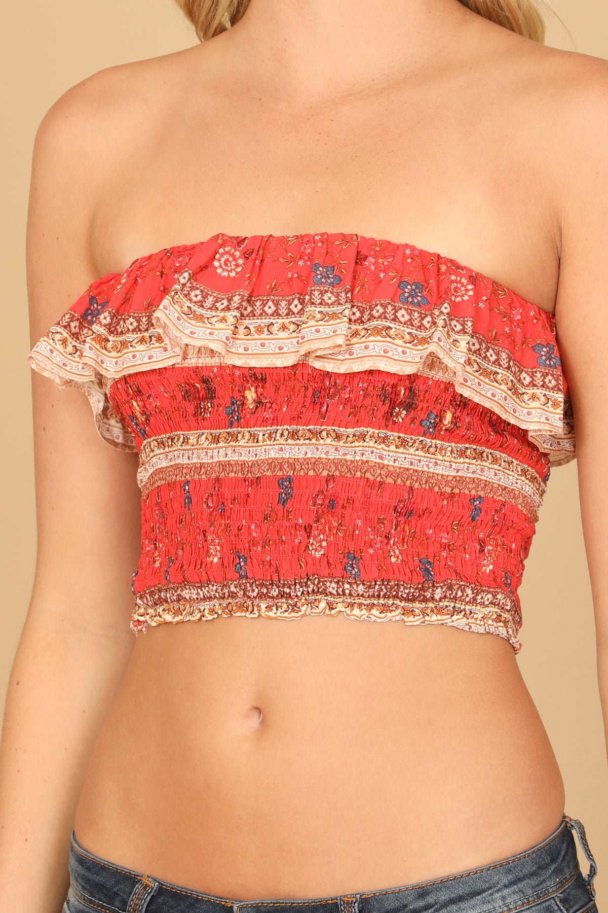 Floral Ruffle Tube Smocked Crop Top