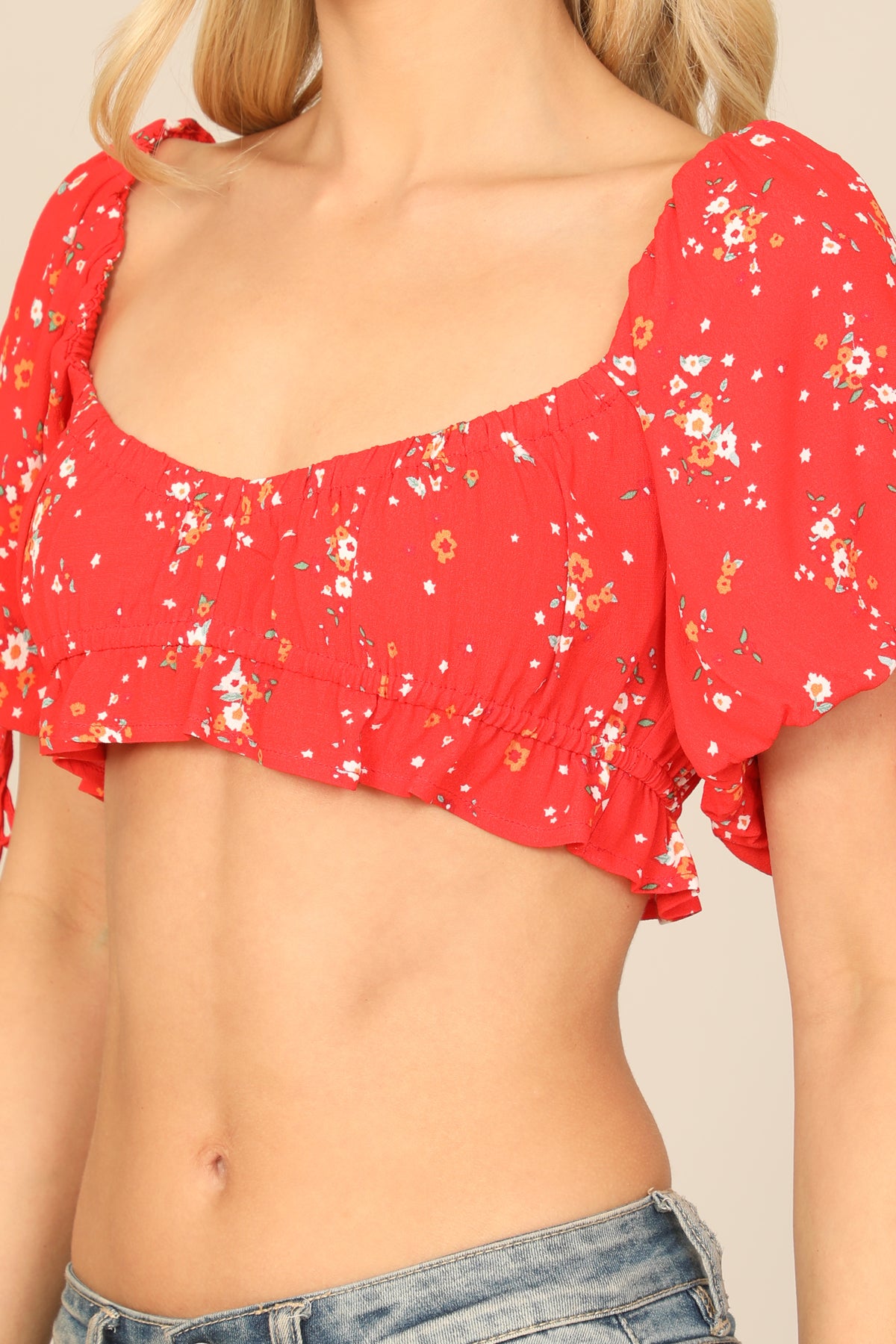 Floral Puff Sleeve Bralette Top
