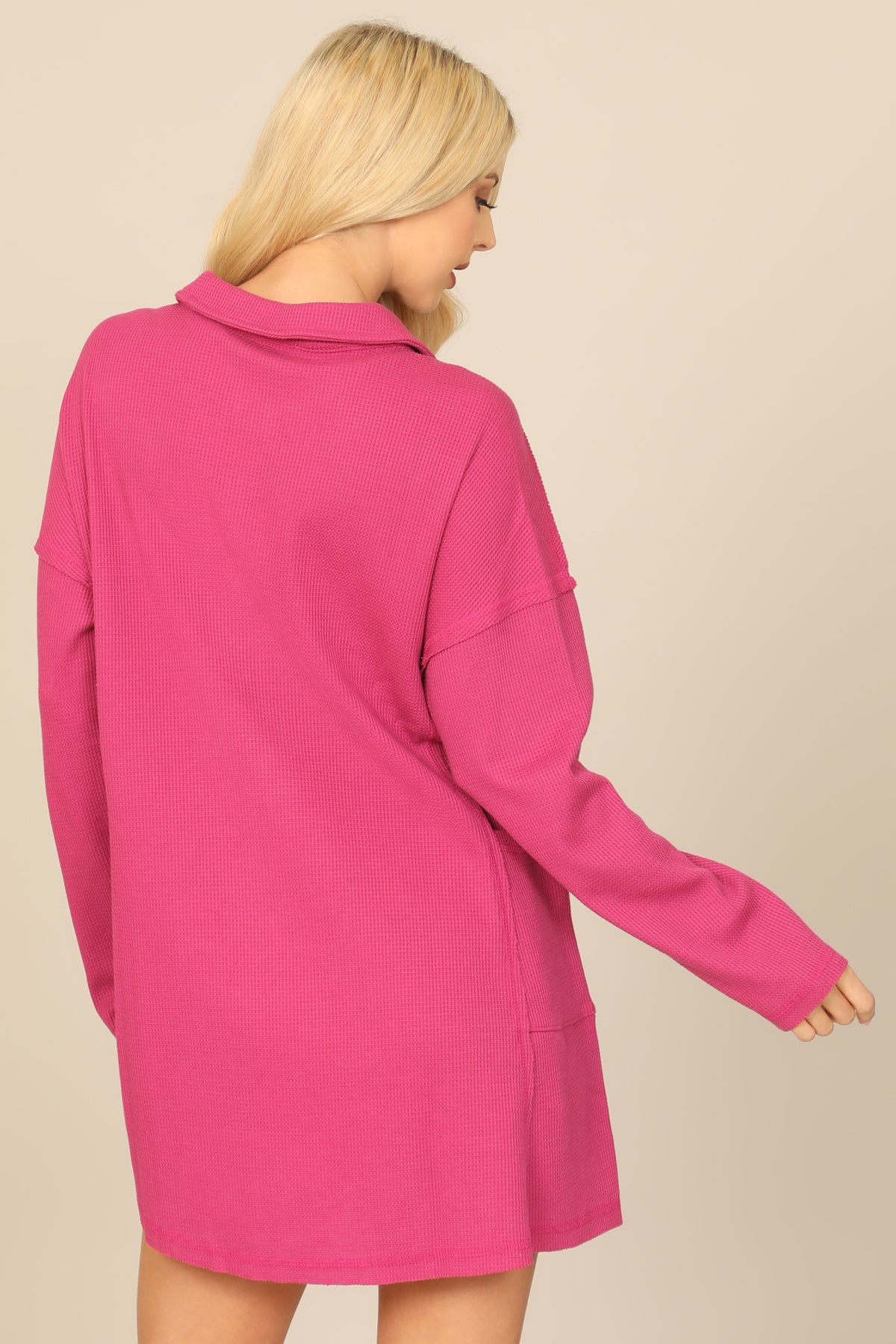 Long Sleeve Collared Button Detail Textured Mini Dress