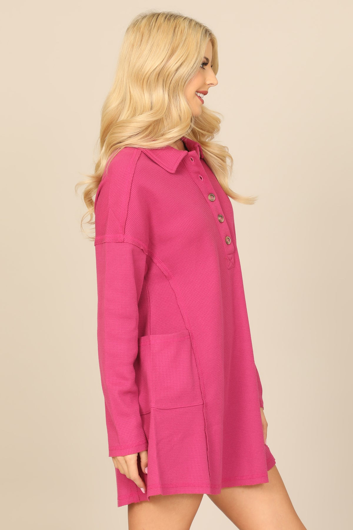 Long Sleeve Collared Button Detail Textured Mini Dress