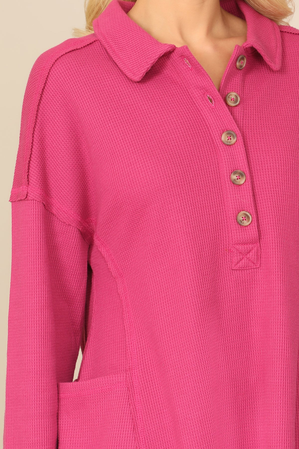 Long Sleeve Collared Button Detail Textured Mini Dress