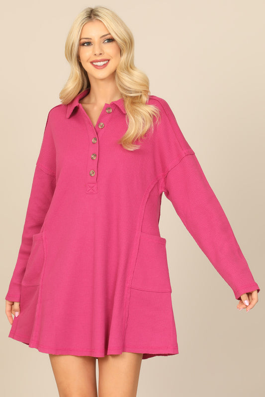 Long Sleeve Collared Button Detail Textured Mini Dress