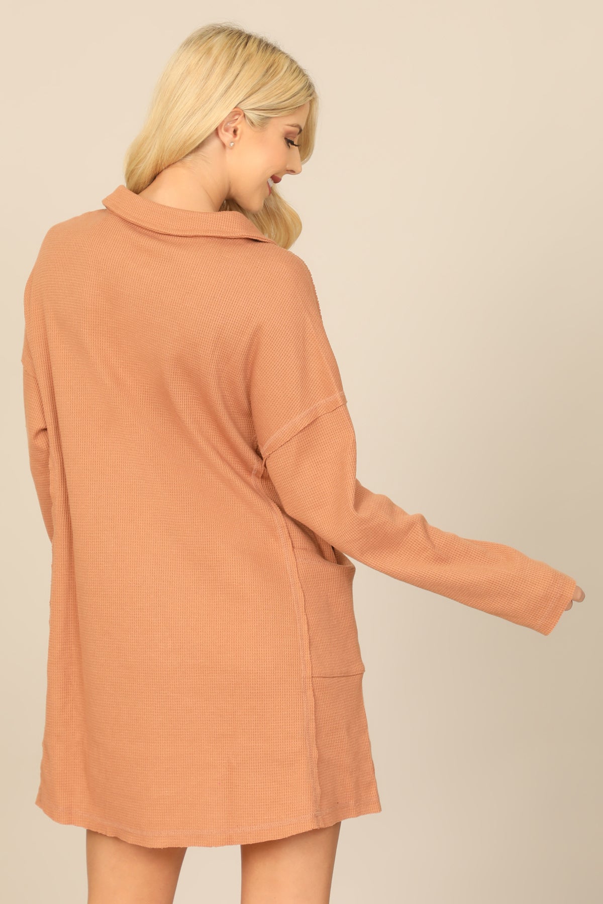 Long Sleeve Collared Button Detail Textured Mini Dress