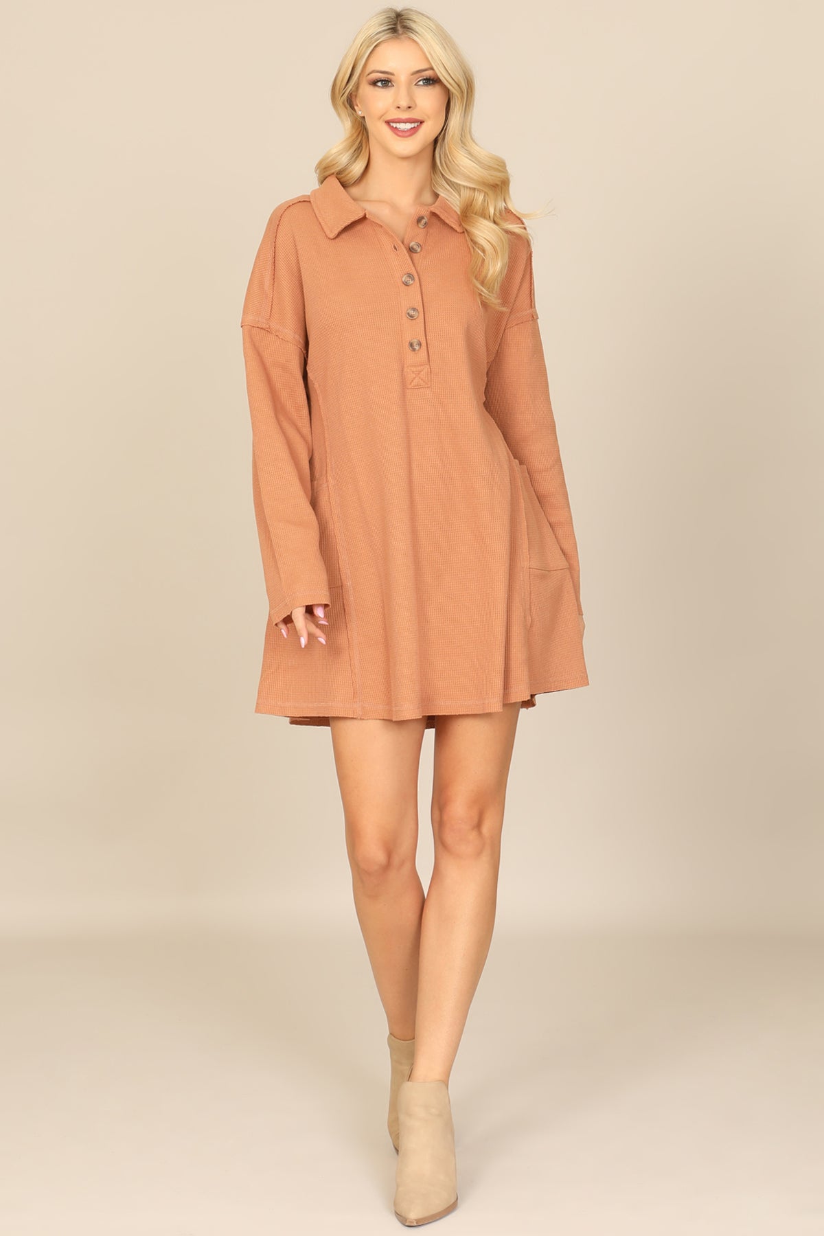 Long Sleeve Collared Button Detail Textured Mini Dress