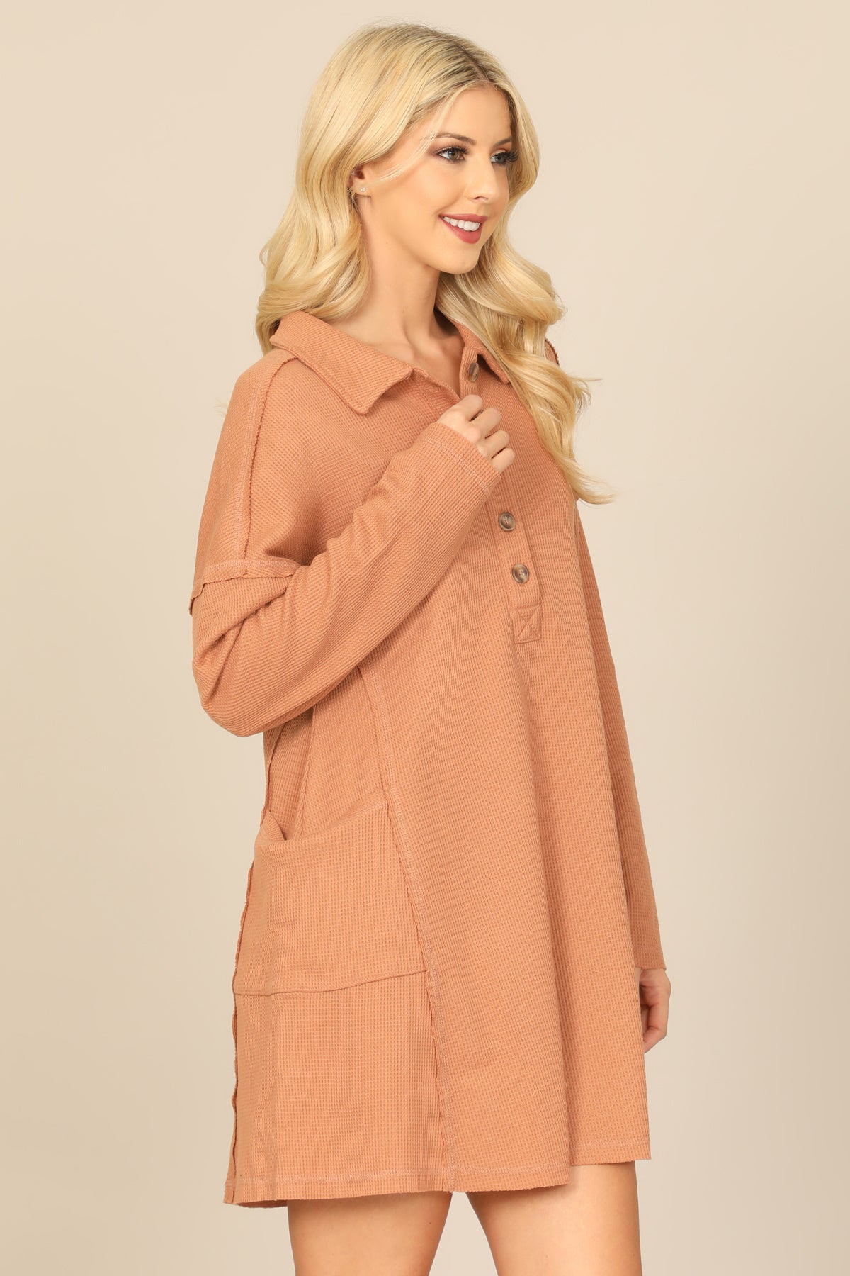 Long Sleeve Collared Button Detail Textured Mini Dress