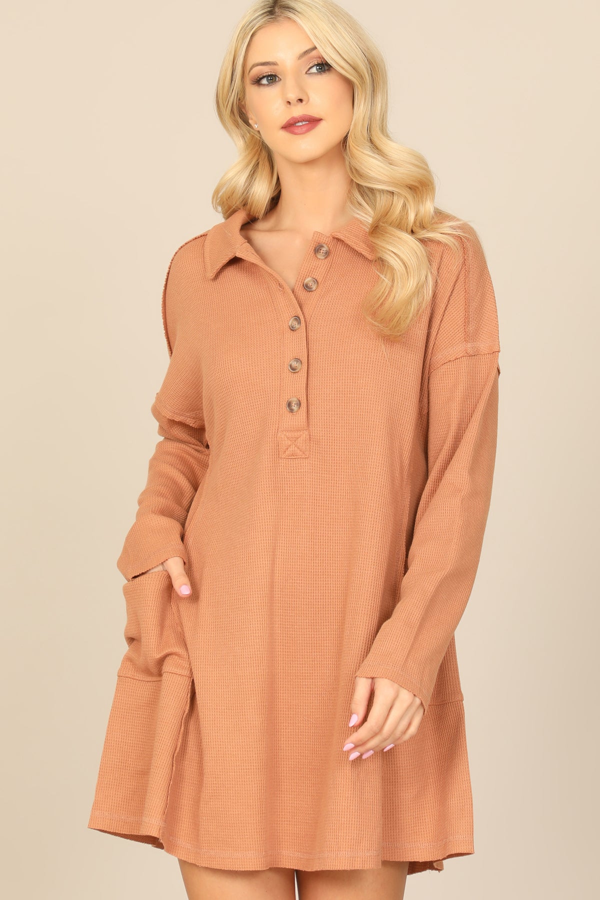 Long Sleeve Collared Button Detail Textured Mini Dress