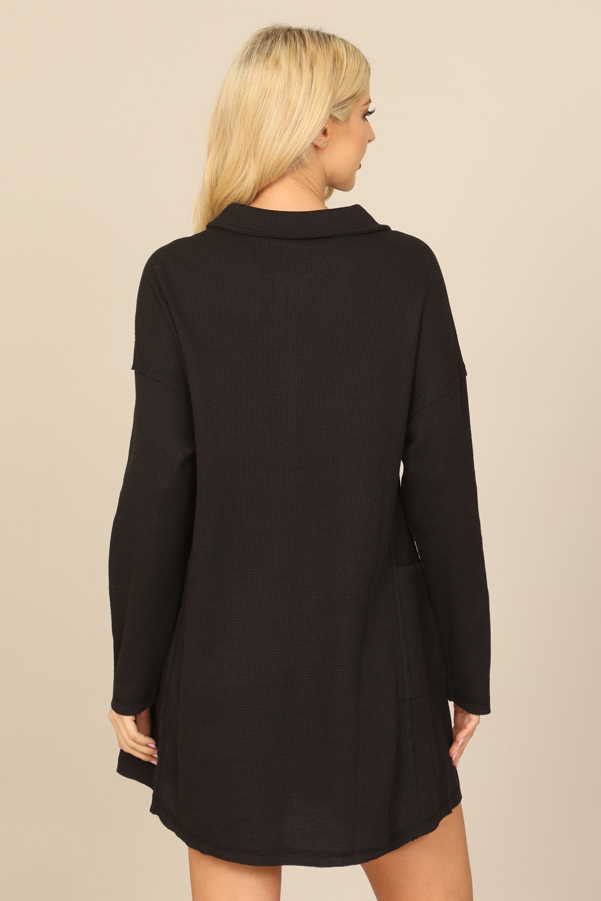 Long Sleeve Collared Button Detail Textured Mini Dress