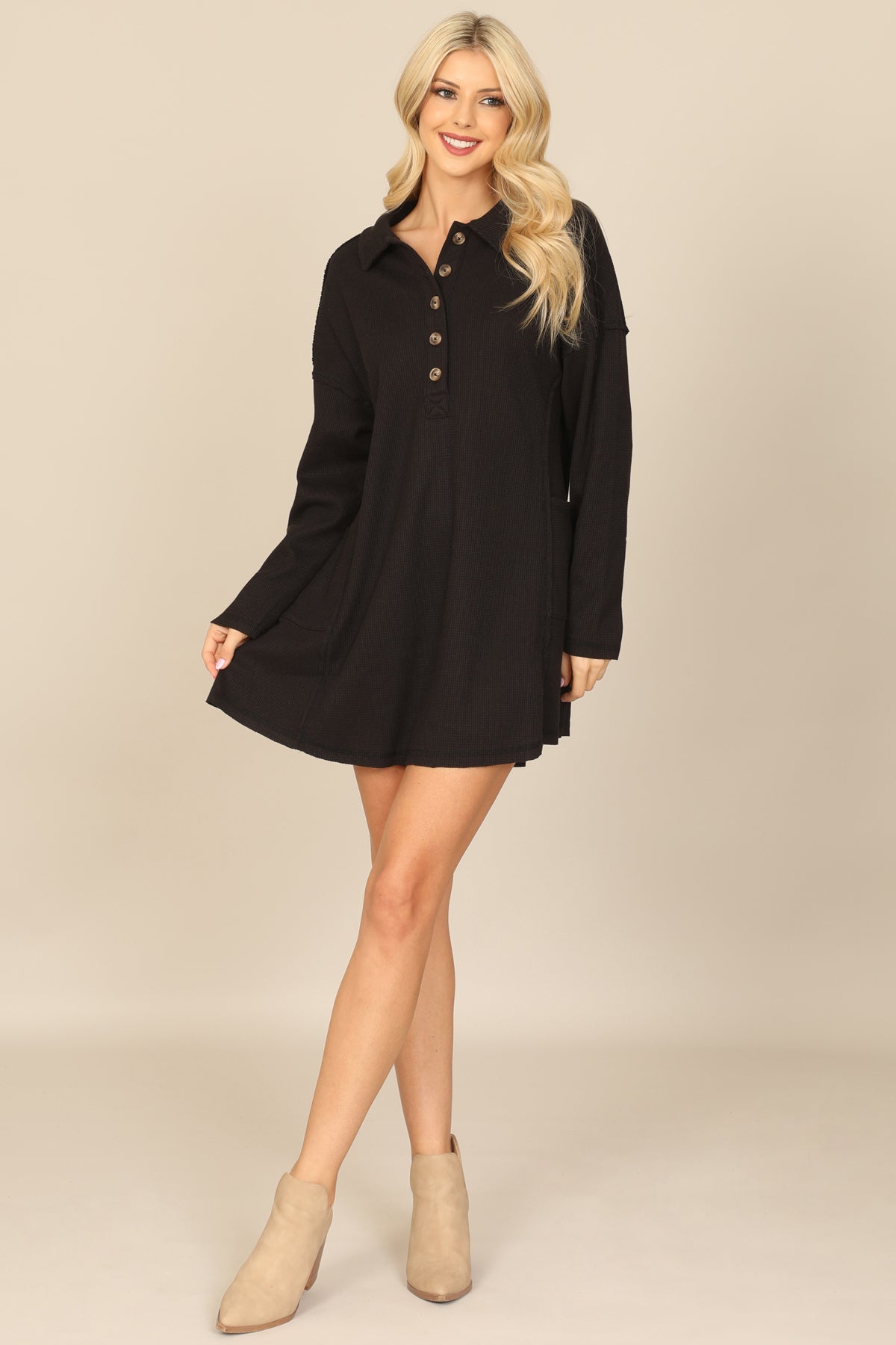 Long Sleeve Collared Button Detail Textured Mini Dress