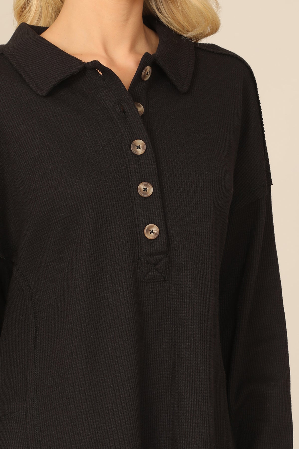 Long Sleeve Collared Button Detail Textured Mini Dress