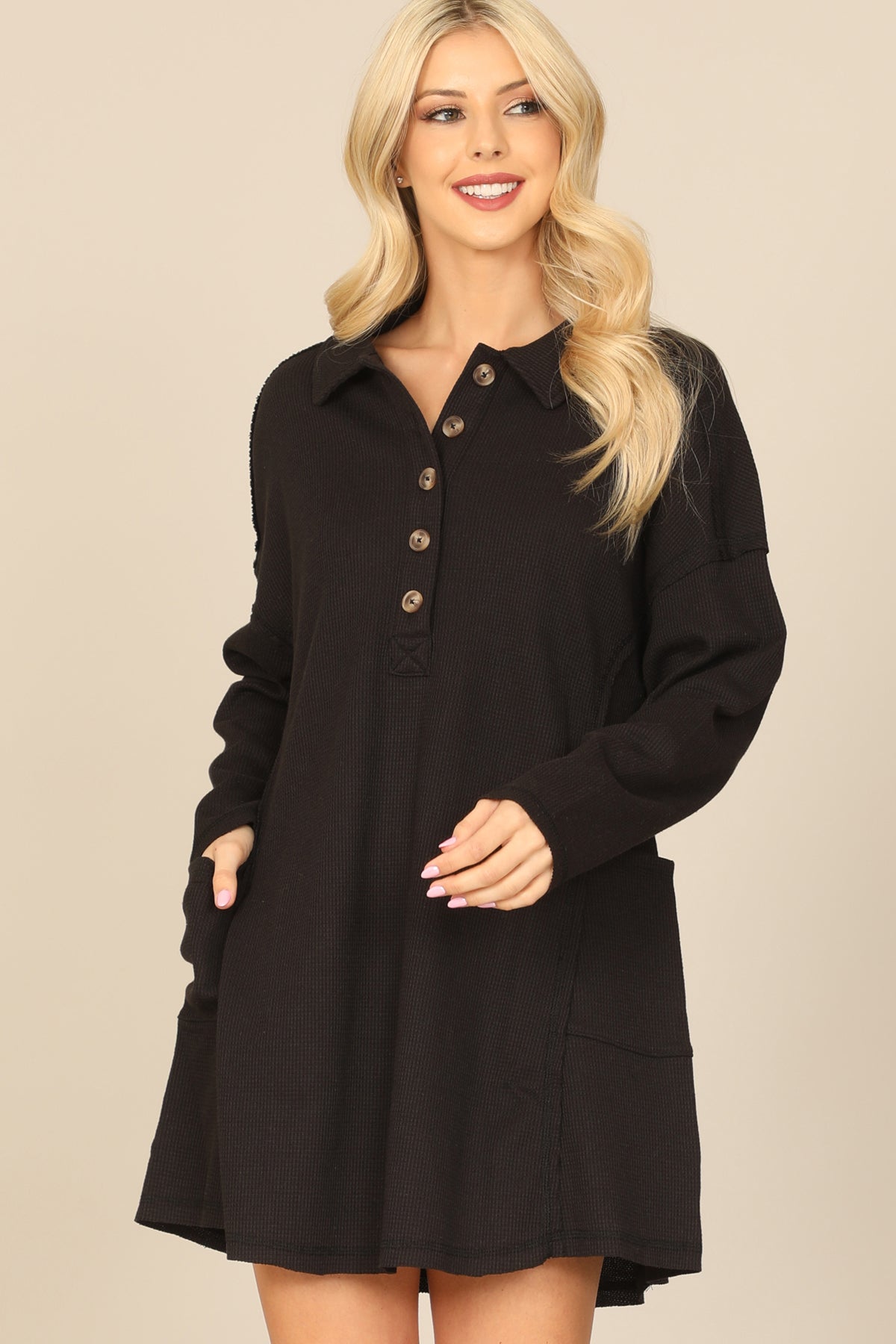 Long Sleeve Collared Button Detail Textured Mini Dress
